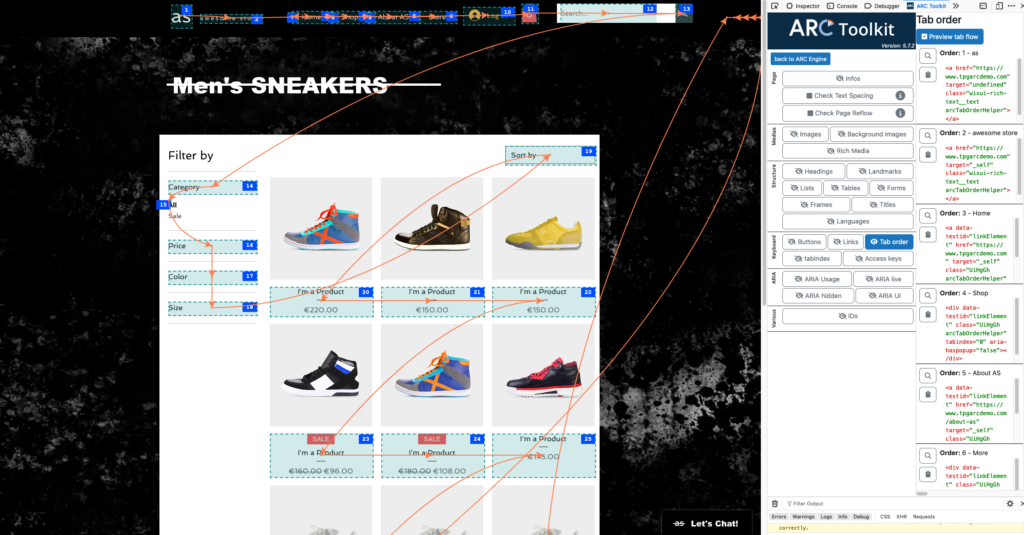 Screen displaying a website selling men's shoes and ARC Toolkit Firefox extension open with displaying the tabbing navigation order throughout the page from the ARC Toolkit scan.
